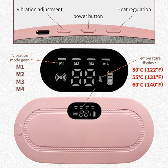 Period Cramp Relief Massager, 3-Speed Temperature Adjustment and 4-Speed Massage Modes, Back and Belly Heating Pad for Women Pink Color